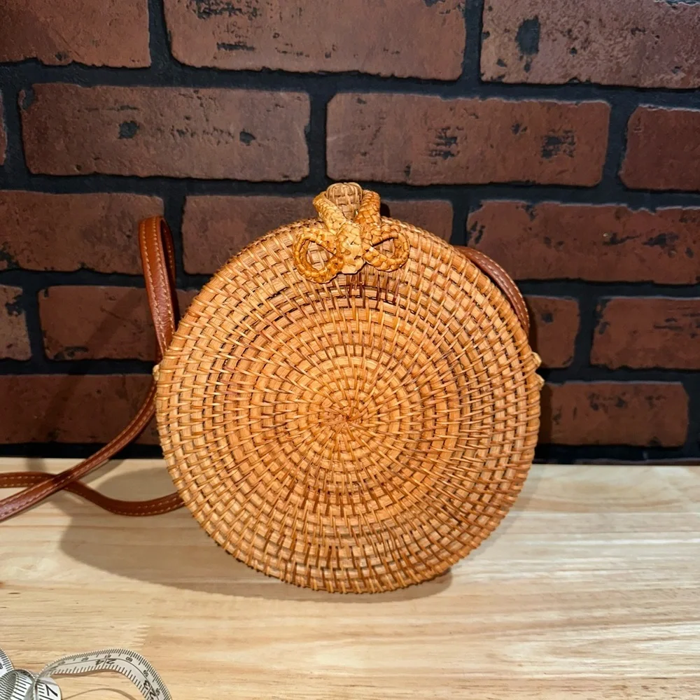 Round Woven Tan Crossbody Bag